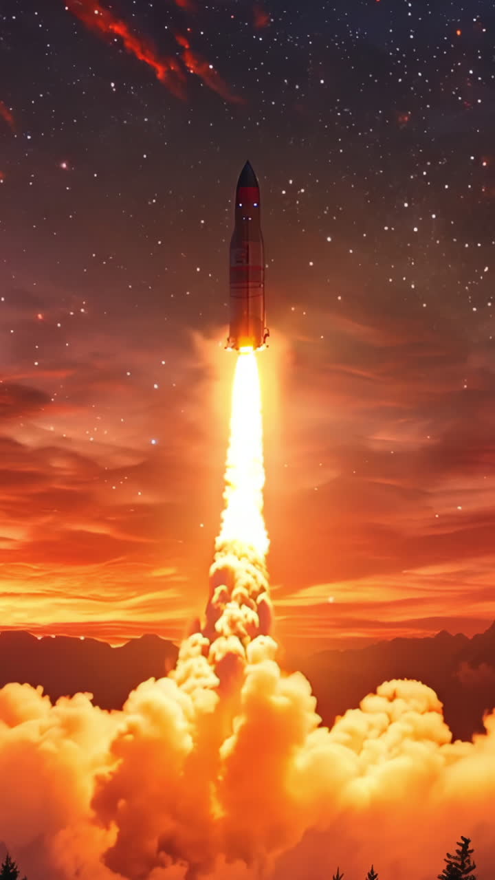 A rocket is launching into the sky, with a bright orange trail behind it. The sky is filled with clouds, and the trees are silhouetted against the orange sky. The scene is serene and peaceful