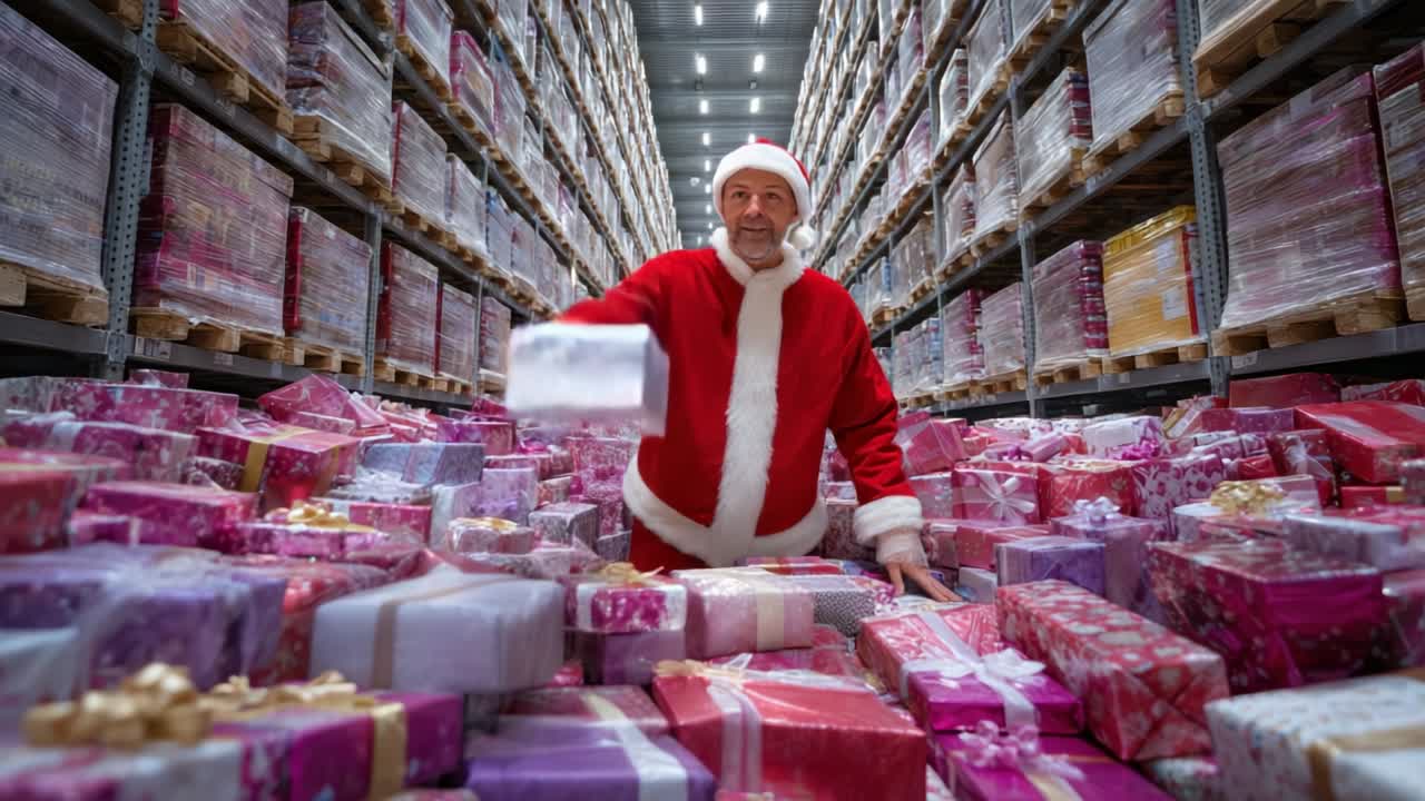 A festive Santa Claus, adorned in a classic red suit and hat, stands amidst a vibrant sea of colorful holiday presents, embodying the spirit of joy and celebration in a warehouse filled with gifts