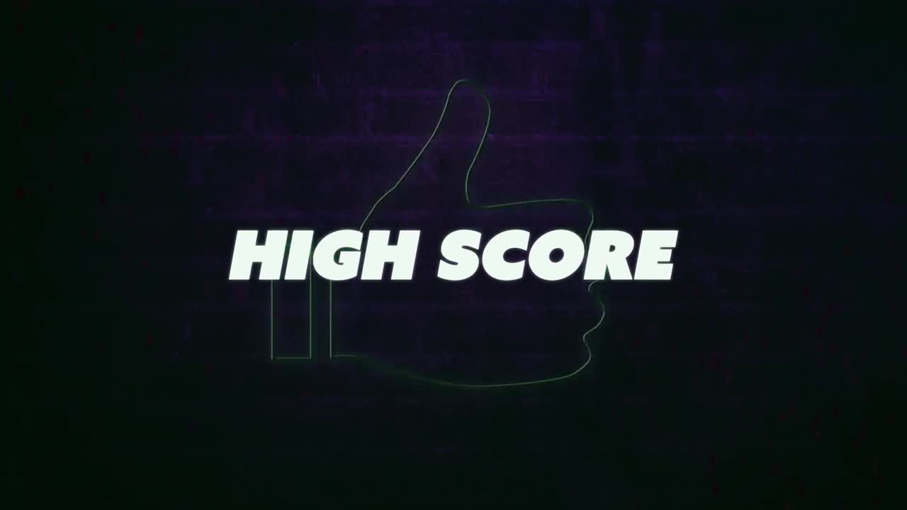 animación de un banner de texto de alta puntuación sobre un icono verde neón contra el fondo de una pared de ladrillo