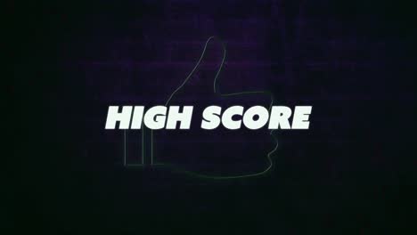Animation-of-high-score-text-banner-over-neon-green-like-icon-against-brick-wall-background