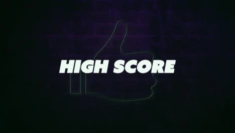 animation of high score text banner over neon green like icon against brick wall background