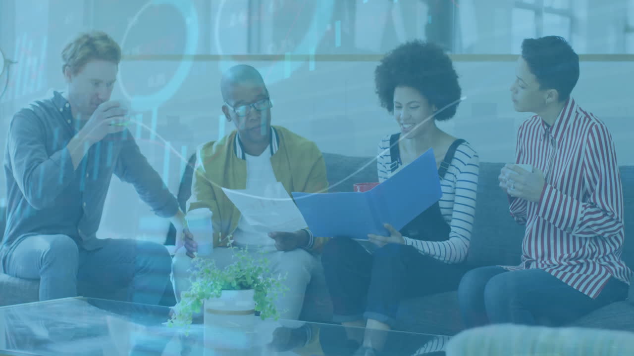 Animation of financial data processing over diverse business people in office