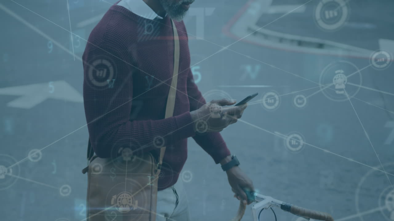 Animation of network of connections and data processing over african american businessman