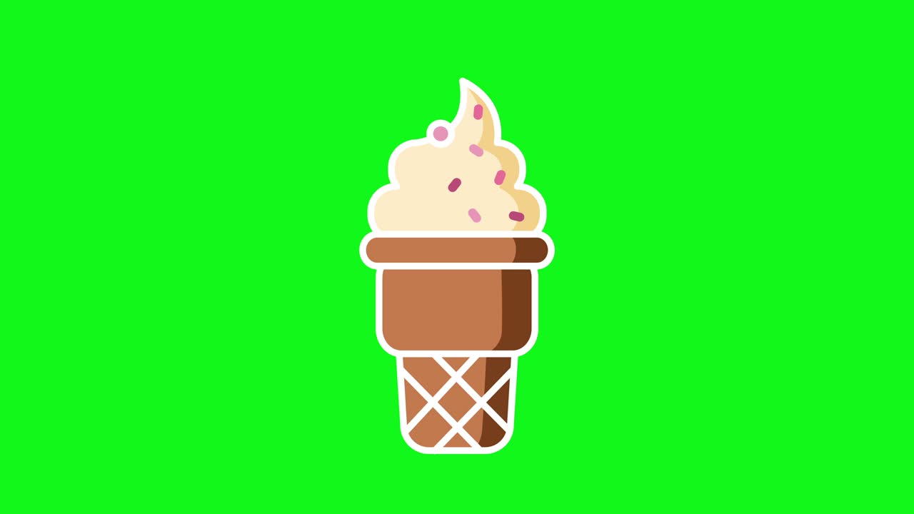 video 4k di gelato di cartoni animati in un cono di waffle su sfondo verde.