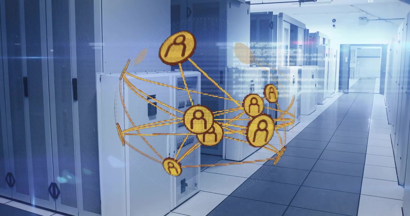 Rete olografica che appare in un corridoio di server, ruotando ed espandendosi, mostrando le connessioni degli utenti.