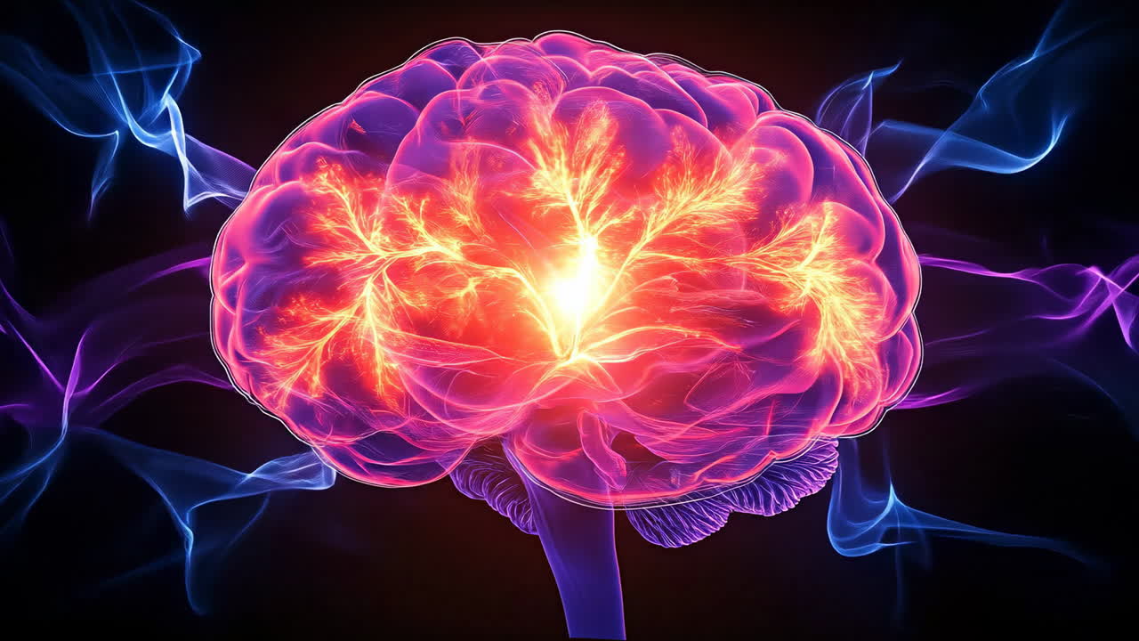 Glowing neural pathways inside a human brain. Abstract 3D visualization of human brain with bright orange and red electrical activity on black