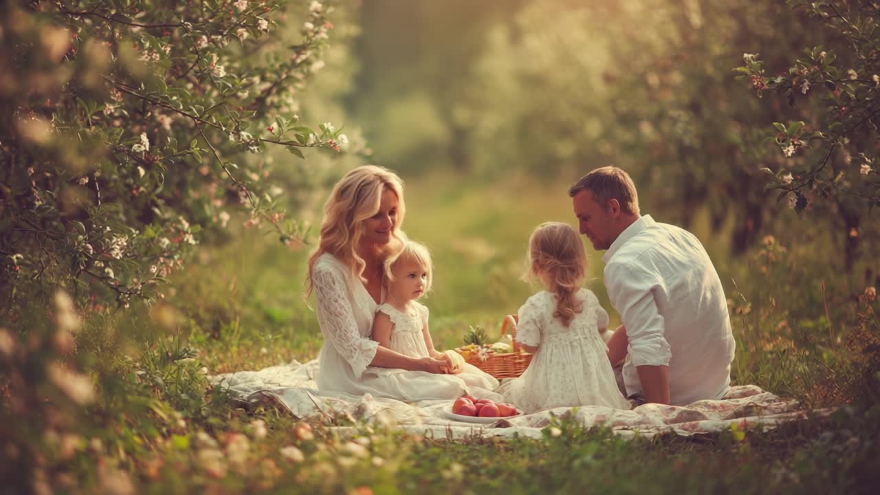 A Family Picnic in a Blooming Orchard: Cherishing Moments Together Amidst Nature's Beauty with Laughter and Love