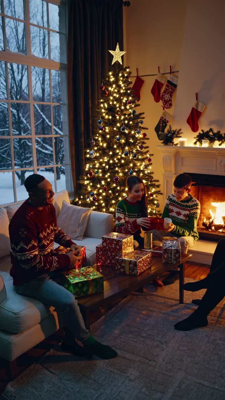 Warm, festive living room scene with a Christmas tree and family exchanging gifts