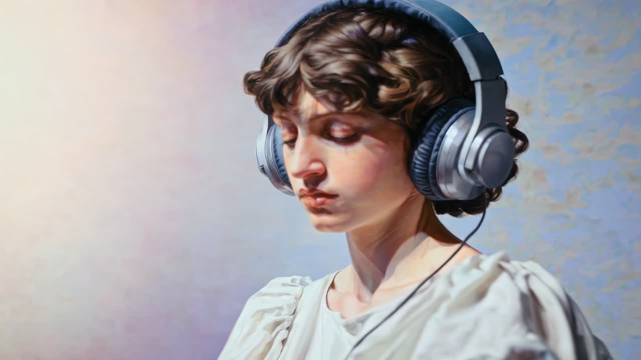A video still of a person in a classical painting style, wearing headphones