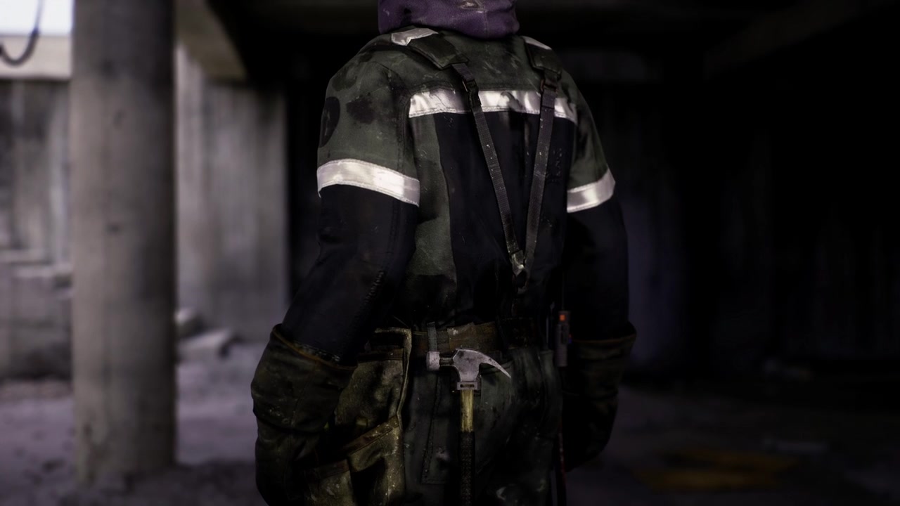Tired firefighter stands amidst dark concrete wreckage reflecting fatigue