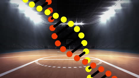 animación de una cadena de adn giratoria sobre un estadio de baloncesto