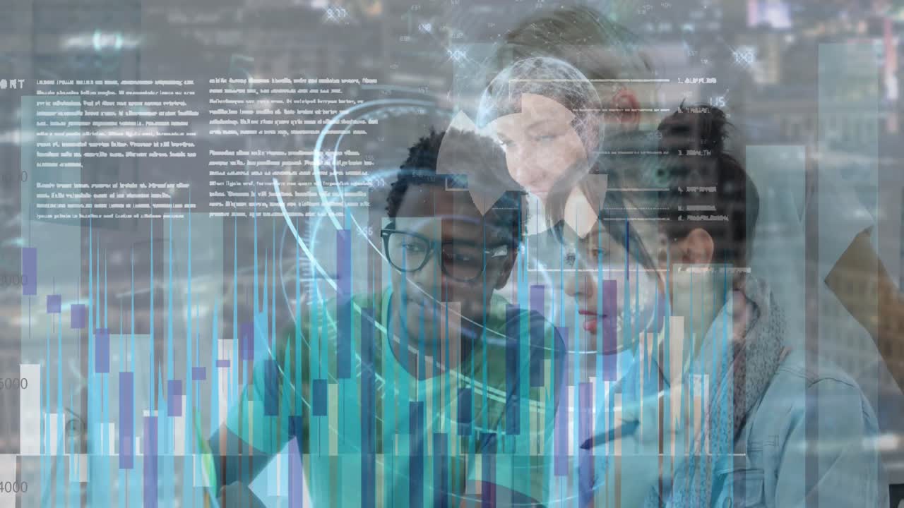 procesamiento de datos financieros sobre colegas de oficina discutiendo juntos contra el paisaje urbano