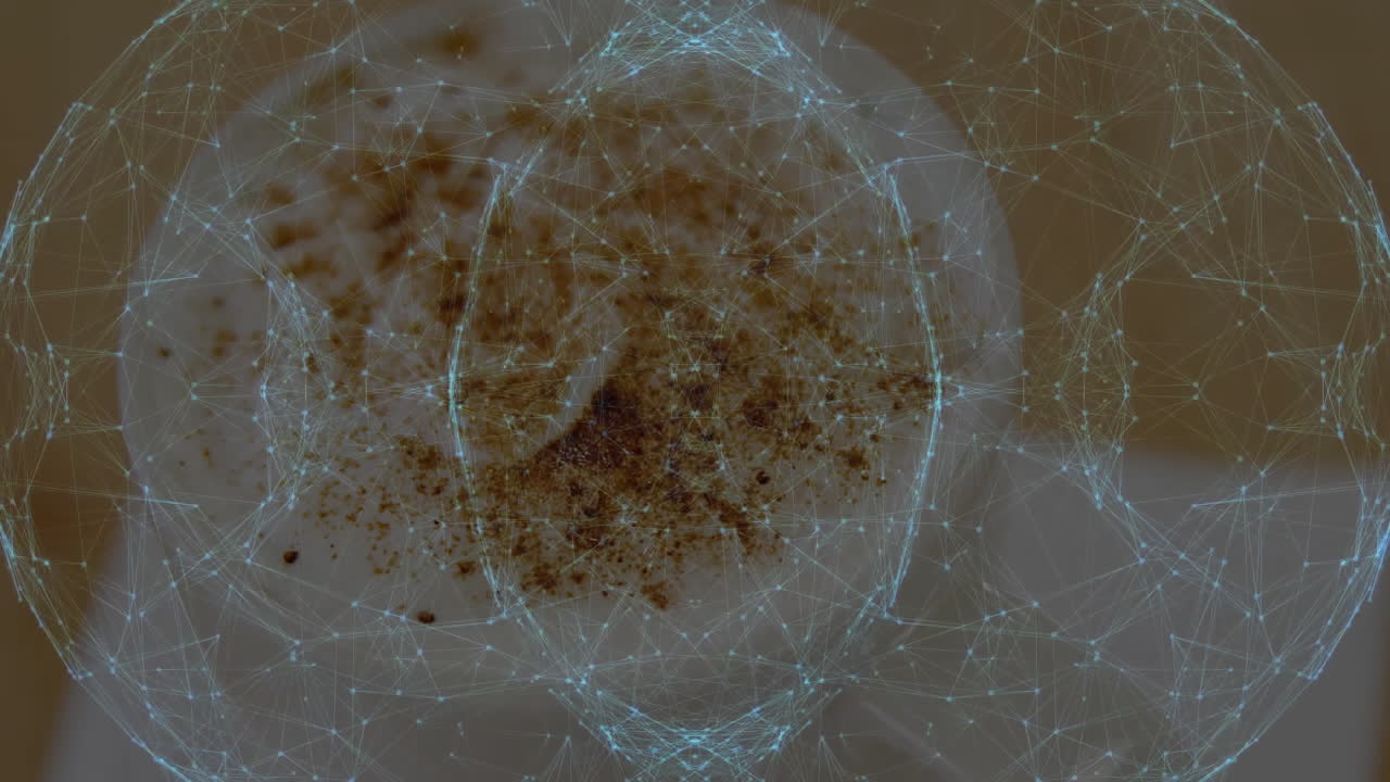 Digital network overlay animating frothy coffee cup with glowing nodes on ceramic mug and saucer