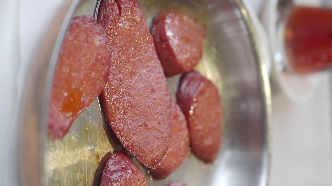 Fried Turkish Sausage (Sucuk) in a Pan