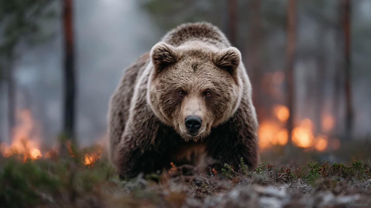 Uzaklardaki orman yangınlarının oluşturduğu sakin ama tehlikeli arka planın çerçevelediği görkemli bir boz ayı, vahşi doğada ilerliyor ve tehlikeli koşullarda yaban hayatının dayanıklılığını vurguluyor