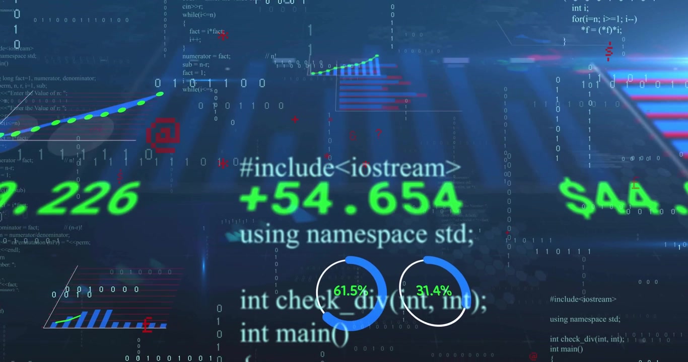 Central blue bars pulsing in dark blue dashboard, showing green numeric overlays and binary digits