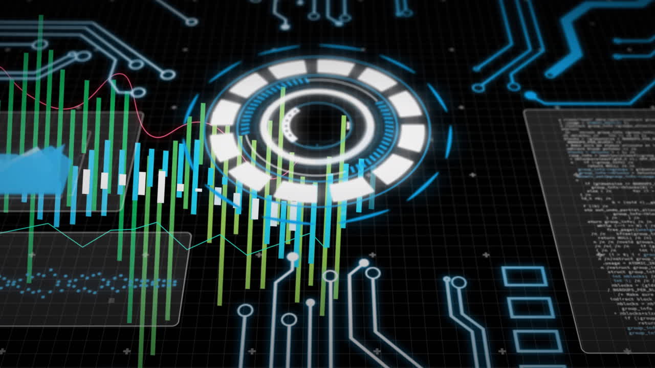 Animation of futuristic digital interface with circuit patterns and financial graphs