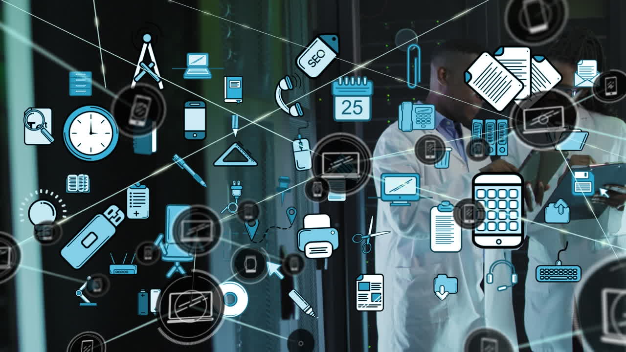 animación de la red de conexiones con iconos sobre diversos científicos con computadora portátil.