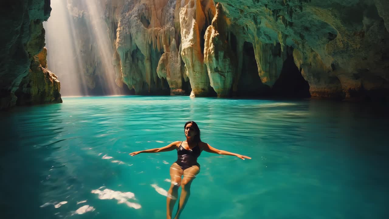Woman Floating in a Luminous Cave Grotto