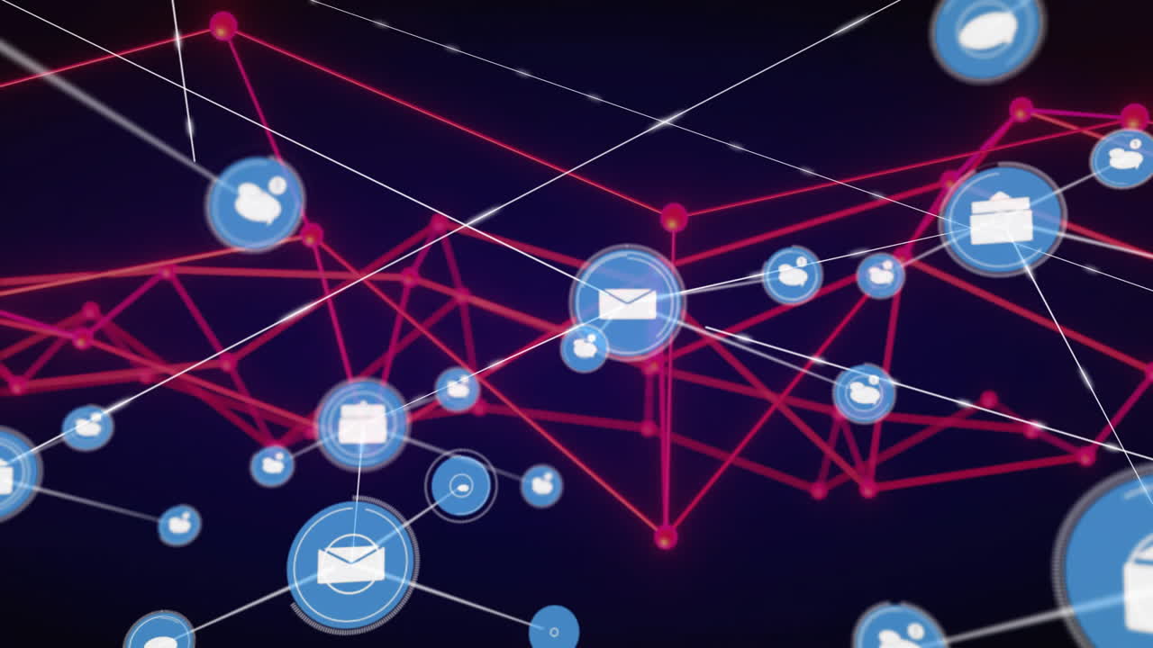 Animation of email and social media icons connected by red network lines