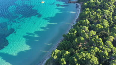 Vista-Aérea-Del-Paraíso-De-Porquerolles,-Playa-Idílica-De-Aguas-Cristalinas.