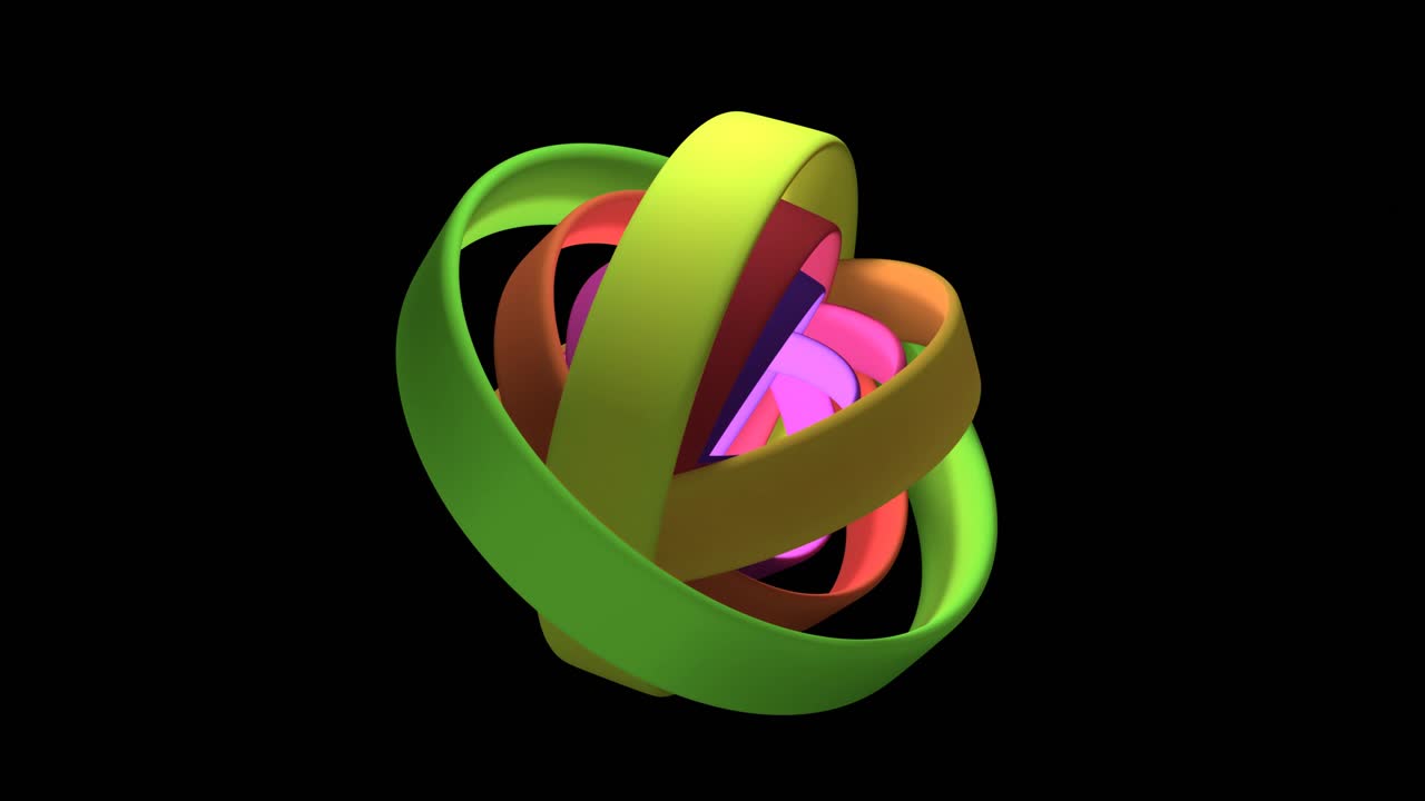 파스텔 컬러의 반지 구, 회전, 아름다운 패턴을 형성, 검은 바탕에 추상적인 3d 객체, 명상, 4k