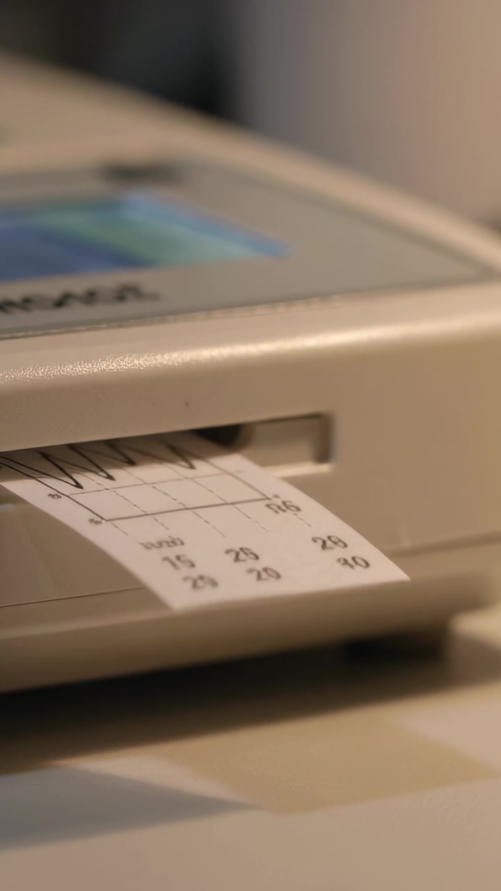 Video verticale: Registratore beige che stampa su segnale e alimenta carta millimetrata con una traccia a zigzag su una scrivania.