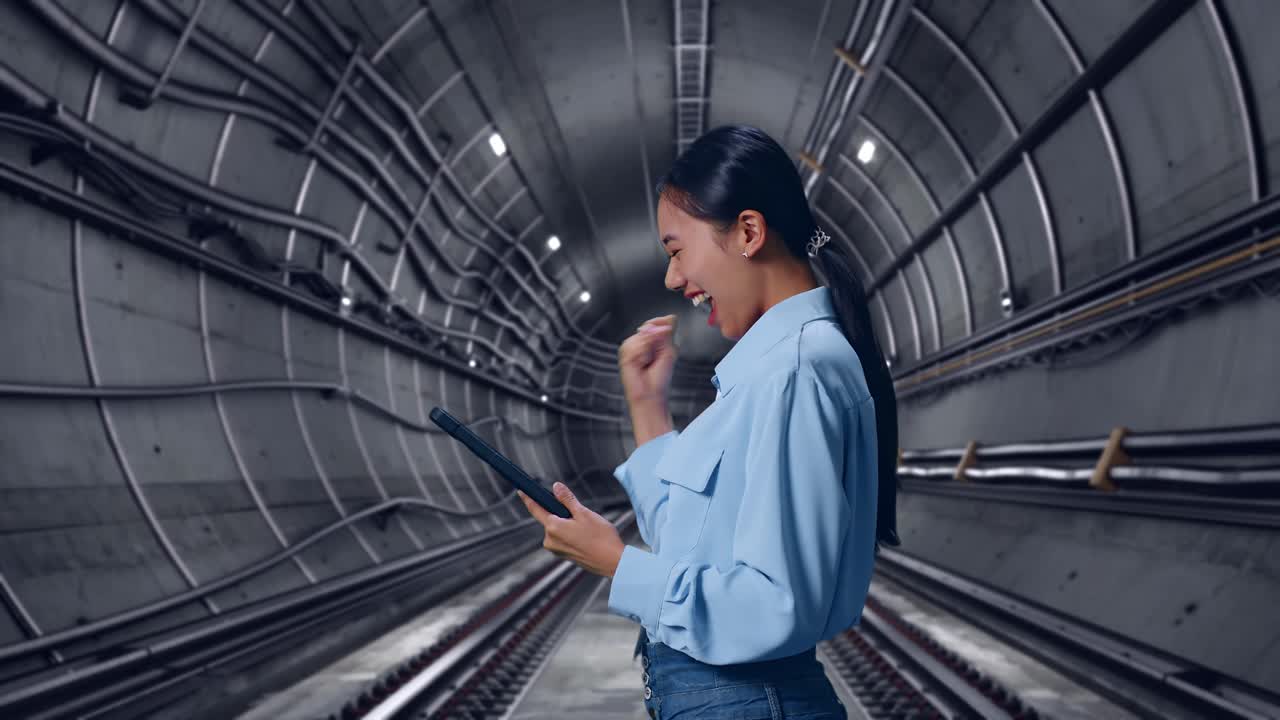 Side View Of Asian Female With Her Tablet In Underground Subway Tunnel, She Raises Her Fist Up With Screaming Goal After Check On The Tablet