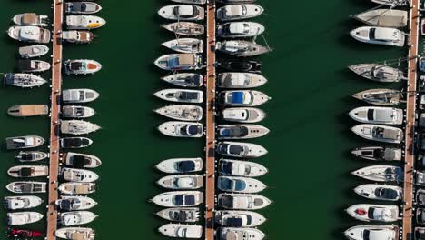 top down aerial view taken of the dock of cala d'or full with boats on mallorca