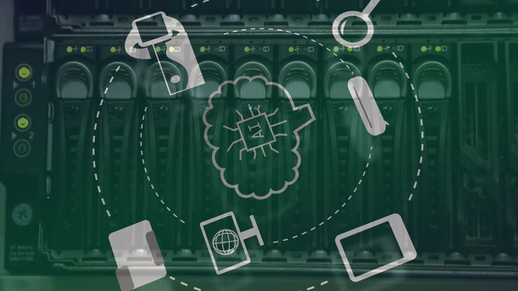 Animation of ai data processing and icons over computer server