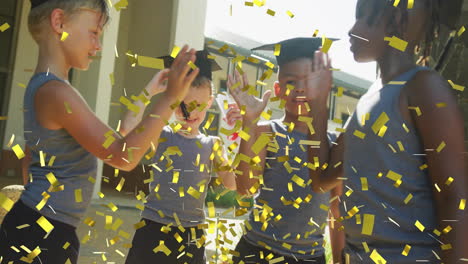 Animation-of-gold-confetti-over-happy-diverse-schoolchildren-with-diplomas-throwing-mortarboards