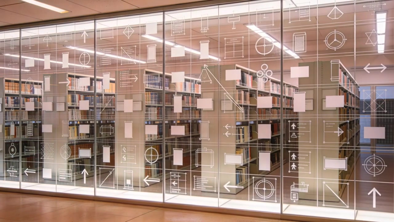 Panoramica della telecamera che rivela un pannello di vetro con decalcomanie e icone bianche sopra gli scaffali della biblioteca, mostrando una porta.