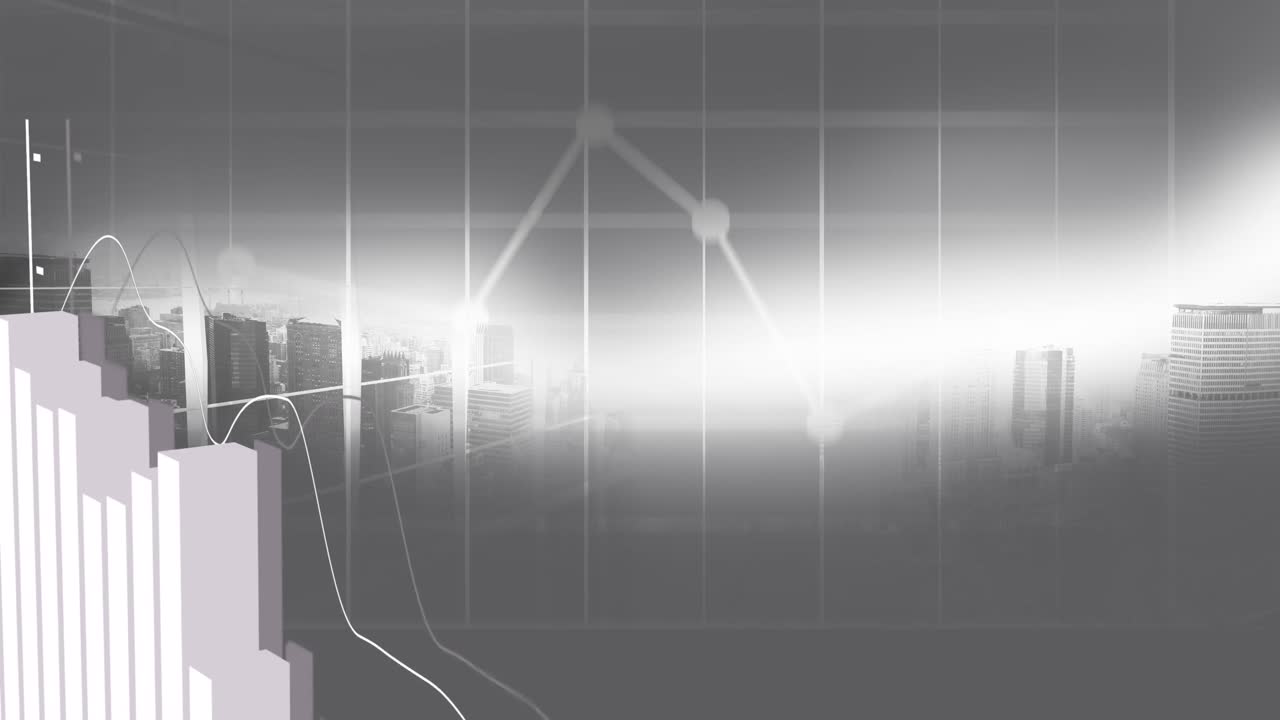 도시 풍경 위의 데이터 처리 애니메이션