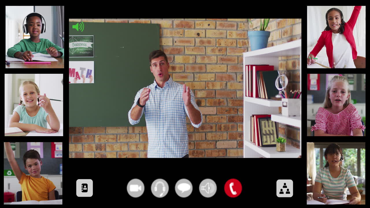 Composite video call interface with diverse male teacher and six children in online lesson