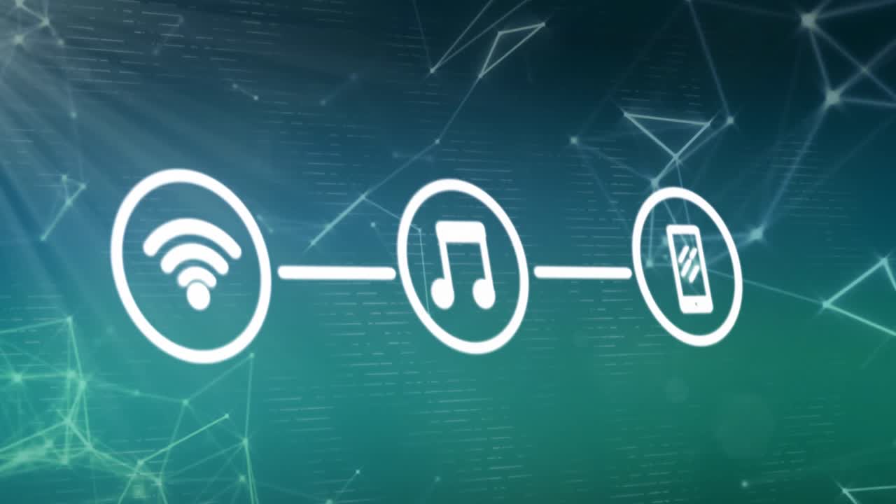 animação de rede de conexões e ícones digitais contra um fundo de gradiente verde.