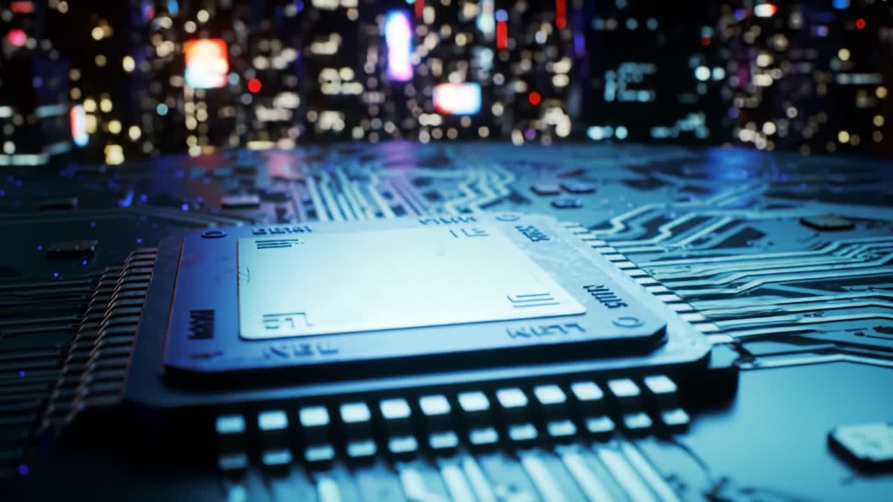 The video showcases a close-up view of a circuit board featuring a central processing unit. The detailed circuitry highlights modern technology and innovation in electronics.