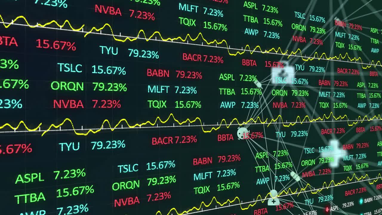 검은색 배경에 대한 주식 시장 데이터 처리에 대해 회전하는 의료 아이콘의 세계