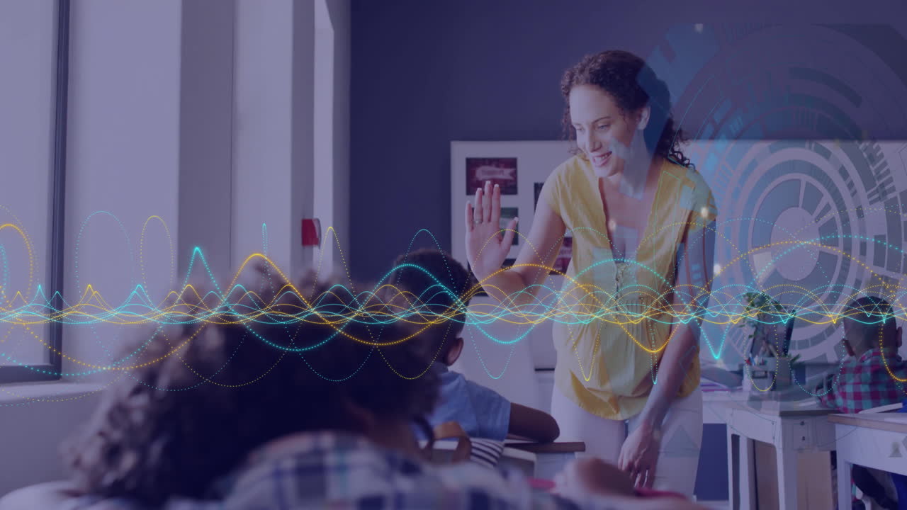 In school, teacher using animation to interact with students over sound waves
