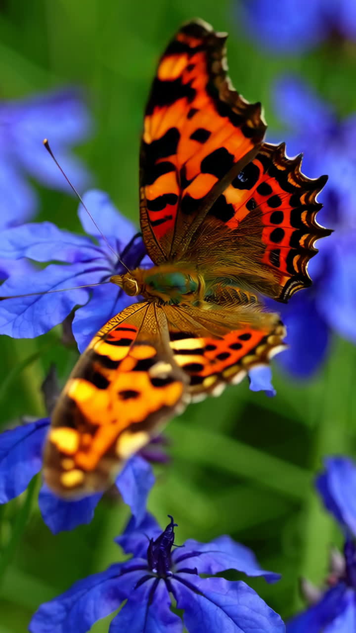 Farfalla arancione su fiori blu.