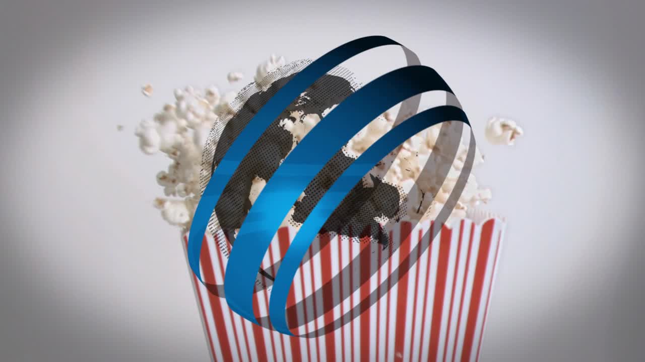 Globo che appare, scatola di popcorn a strisce che si alza, popcorn che scoppiano, anelli che girano, formando un'apertura visiva.
