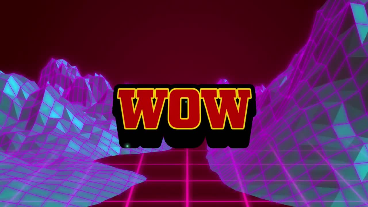 빨간색 텍스트의 애니메이션 와우, 보라색 풍경과 갈색에 분홍색 그리드와 함께 폭발