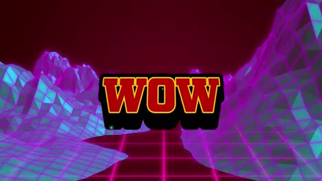 animación de texto rojo wow, sobre explosión con paisaje púrpura y cuadrícula rosa en marrón