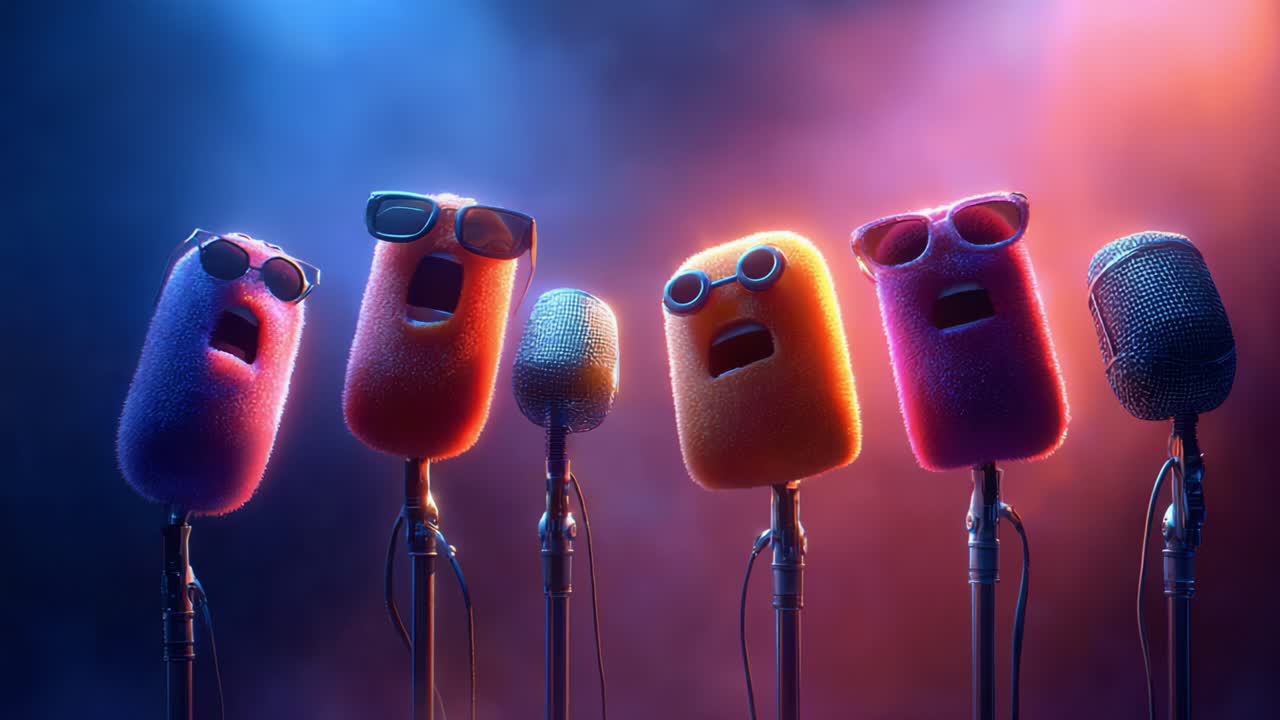 Vibrant Animated Microphones Singing Together in a Colorful Stage Setup, Each Character Displaying Unique Expressions and Sunglasses, Enhancing the Entertaining Atmosphere of the Performance