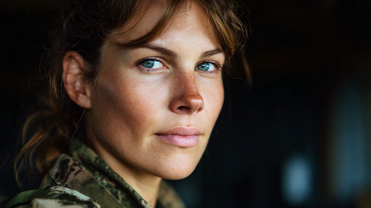 A focused military woman gazes thoughtfully into the distance, showcasing determination and strength in her expression, embodying resilience and courage as she stands poised and confident in a serious environment