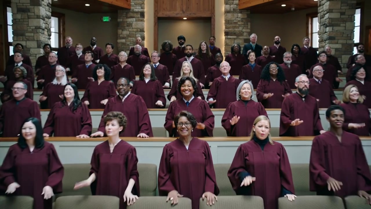 Singing lead singer leading worship, stepping in church while camera pulling back, maroon robes
