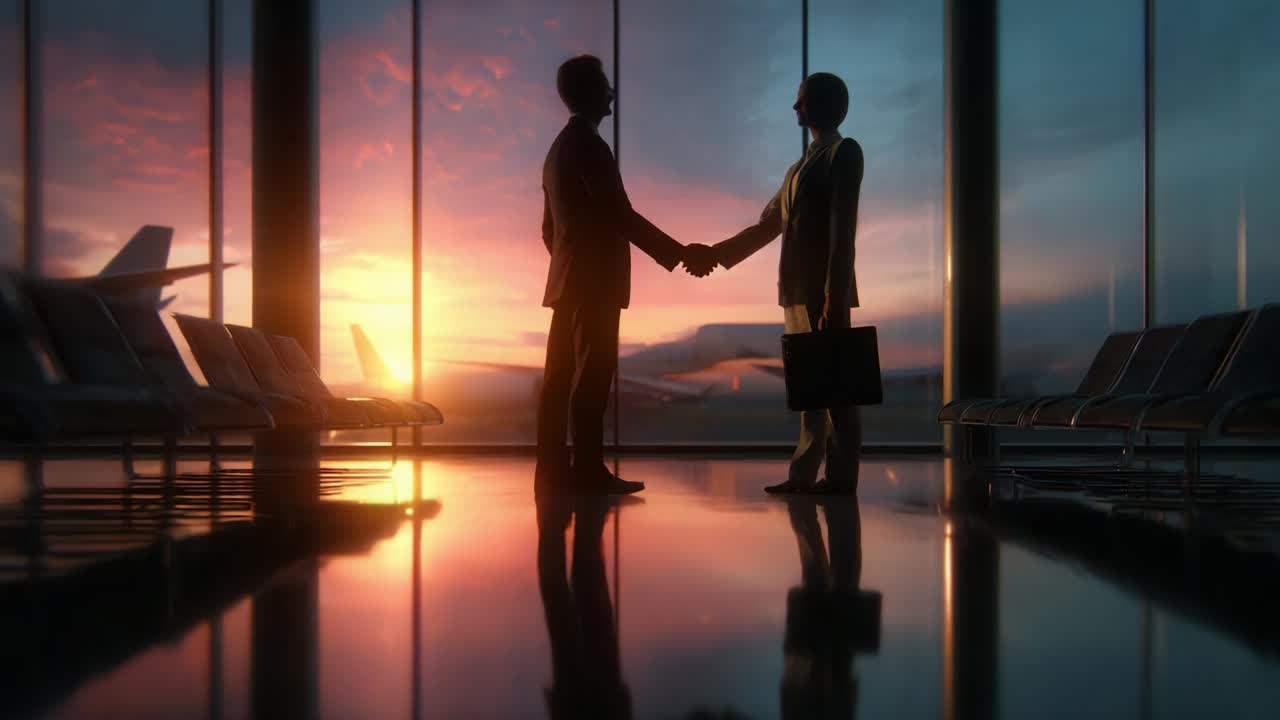 Business handshake at the airport during sunrise