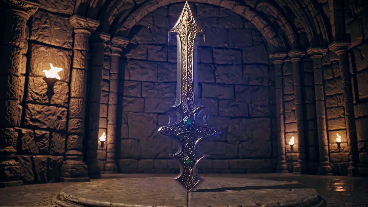 Magnificent Ornate Sword in a Dark Vault