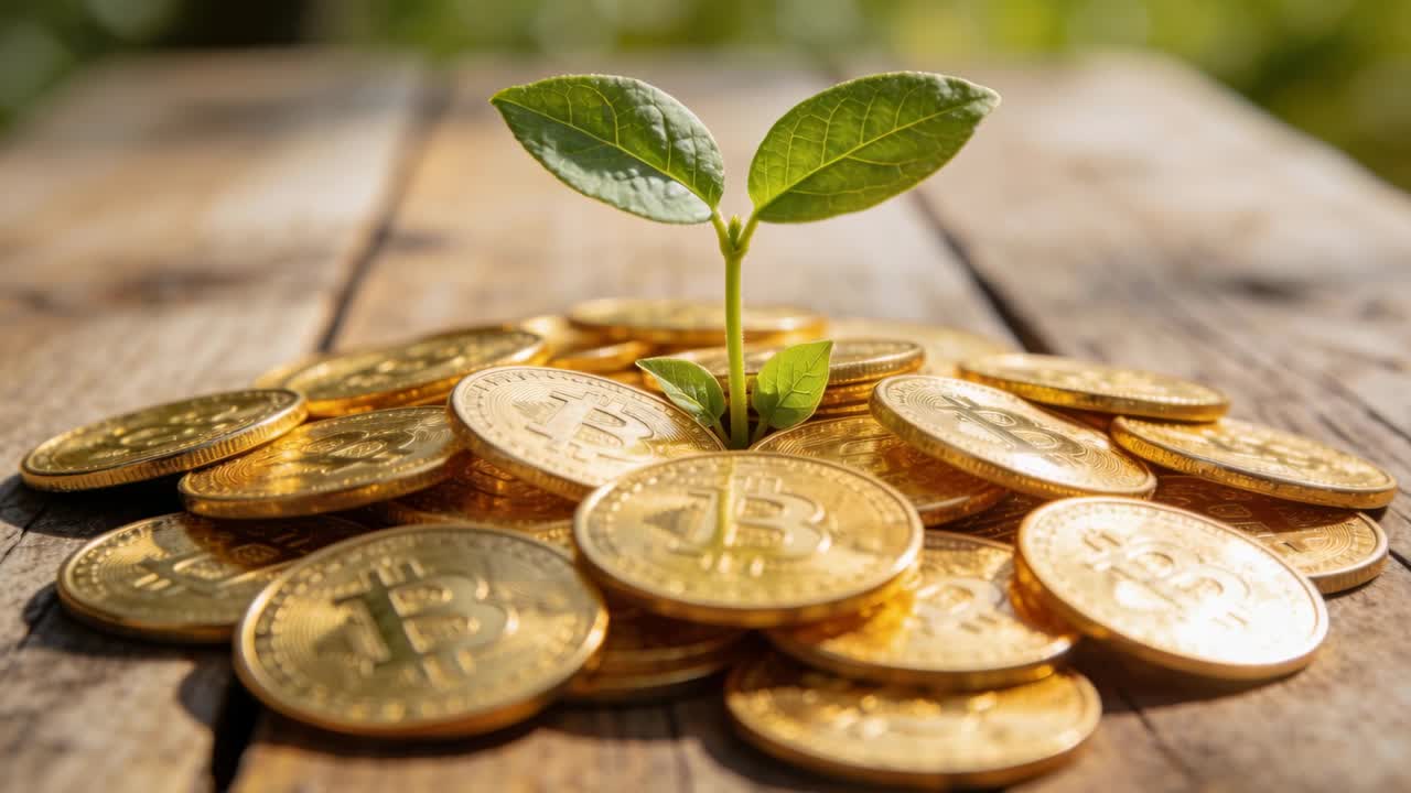 Plántula verde brotando de una pila de monedas Bitcoin sobre una tabla de madera, bañada por la cálida luz del sol.