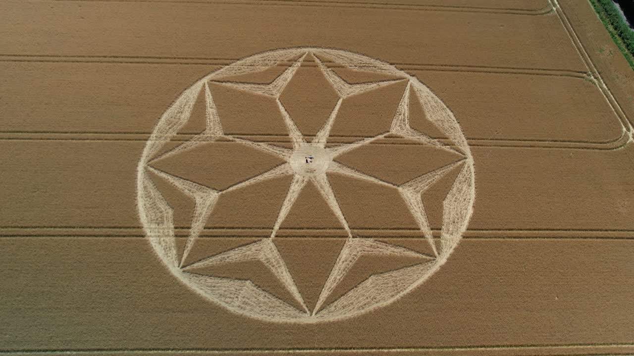 Tichborne mysterious golden farmland geometric flower pattern crop circle aerial view left orbit top down