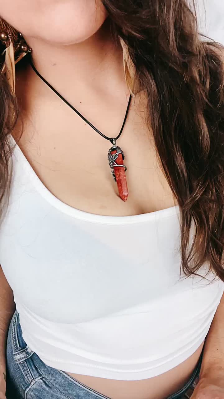 Red Stone Pendant Necklace on Woman